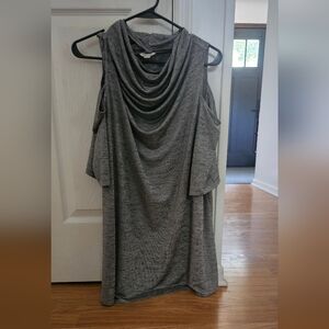 CATO Gray/ Silver Cold Shoulder Draped Neck Top